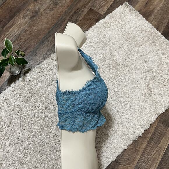 Aerie Teal Blue Eyelash Lace Mesh Wireless Padded Plunge J-Hook Bralette - Picture 3 of 6